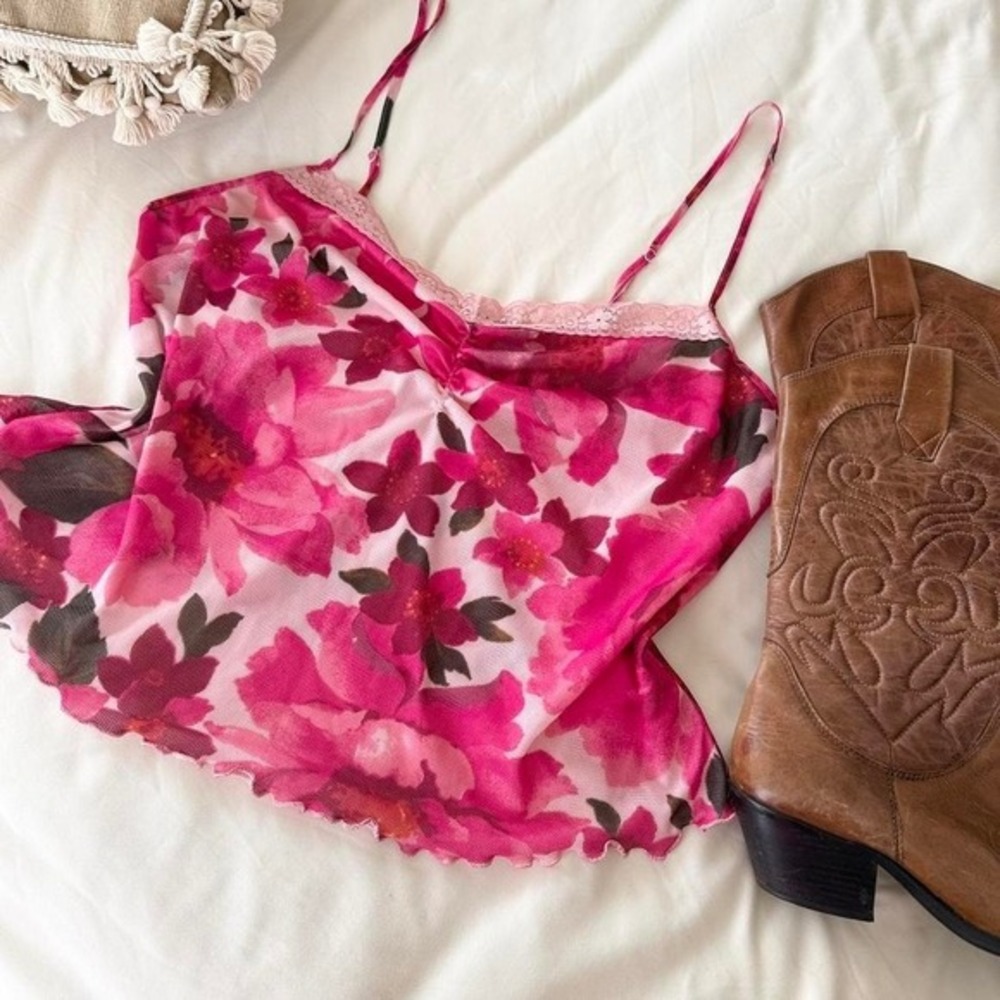 pink floral cami‎ tank top cropped avon xl romantic fairycore